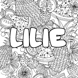 Coloring page first name LILIE - Fruits mandala background