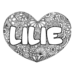 Coloring page first name LILIE - Heart mandala background