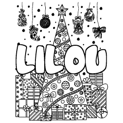 Coloring page first name LILOU - Christmas tree and presents background