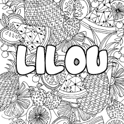 Coloring page first name LILOU - Fruits mandala background