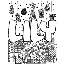Coloring page first name LILY - Christmas tree and presents background
