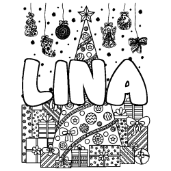 Coloring page first name LINA - Christmas tree and presents background