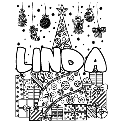 Coloring page first name LINDA - Christmas tree and presents background