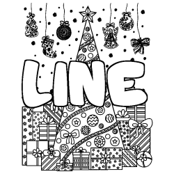 Coloring page first name LINE - Christmas tree and presents background