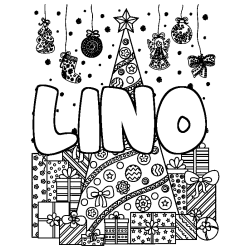 Coloring page first name LINO - Christmas tree and presents background