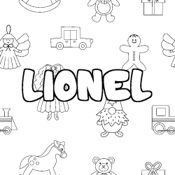 Coloring page first name LIONEL - Toys background