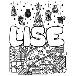 Coloring page first name LISE - Christmas tree and presents background