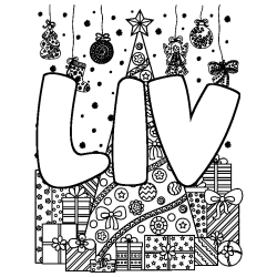 Coloring page first name LIV - Christmas tree and presents background