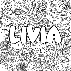 Coloring page first name LIVIA - Fruits mandala background