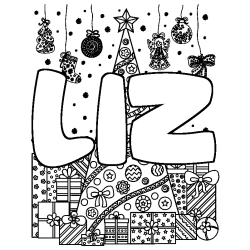 Coloring page first name LIZ - Christmas tree and presents background