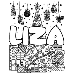 Coloring page first name LIZA - Christmas tree and presents background
