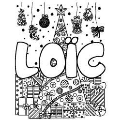 Coloring page first name LOÏC - Christmas tree and presents background