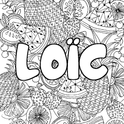 Coloring page first name LOÏC - Fruits mandala background