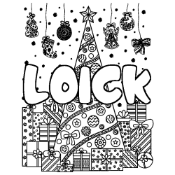 Coloring page first name LOICK - Christmas tree and presents background