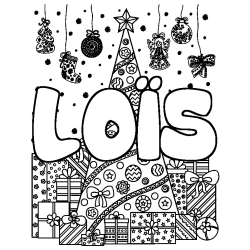 Coloring page first name LOÏS - Christmas tree and presents background