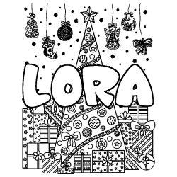 Coloring page first name LORA - Christmas tree and presents background