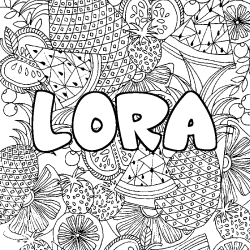 Coloring page first name LORA - Fruits mandala background