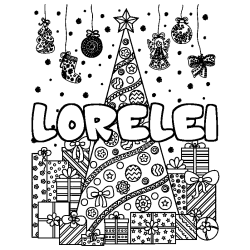 Coloring page first name LORELEI - Christmas tree and presents background