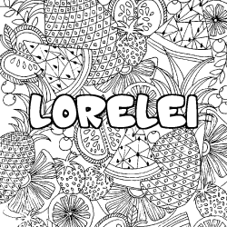 Coloring page first name LORELEI - Fruits mandala background