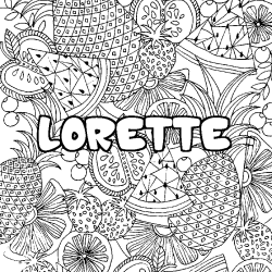 Coloring page first name LORETTE - Fruits mandala background
