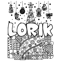 Coloring page first name LORIK - Christmas tree and presents background