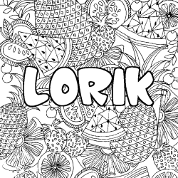 Coloring page first name LORIK - Fruits mandala background