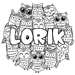 Coloring page first name LORIK - Owls background