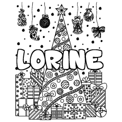 Coloring page first name LORINE - Christmas tree and presents background