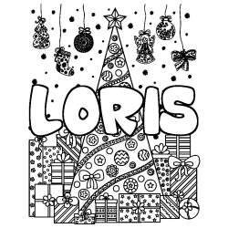 Coloring page first name LORIS - Christmas tree and presents background
