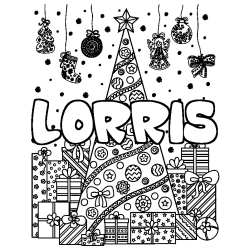 Coloring page first name LORRIS - Christmas tree and presents background
