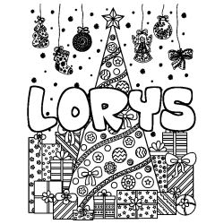 Coloring page first name LORYS - Christmas tree and presents background