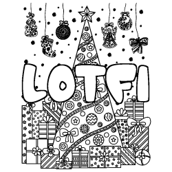 Coloring page first name LOTFI - Christmas tree and presents background