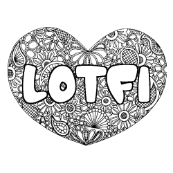 Coloring page first name LOTFI - Heart mandala background