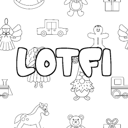 Coloring page first name LOTFI - Toys background