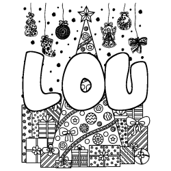Coloring page first name LOU - Christmas tree and presents background
