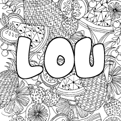 Coloring page first name LOU - Fruits mandala background