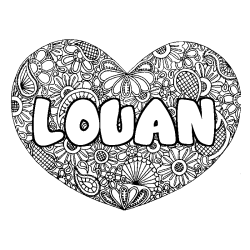 Coloring page first name LOUAN - Heart mandala background