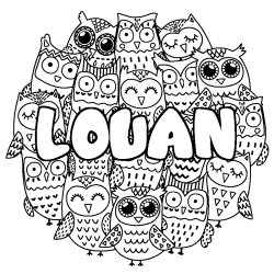 Coloring page first name LOUAN - Owls background
