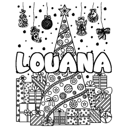Coloring page first name LOUANA - Christmas tree and presents background