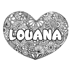 Coloring page first name LOUANA - Heart mandala background