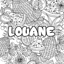 Coloring page first name LOUANE - Fruits mandala background