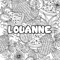 Coloring page first name LOUANNE - Fruits mandala background