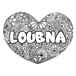 Coloring page first name LOUBNA - Heart mandala background