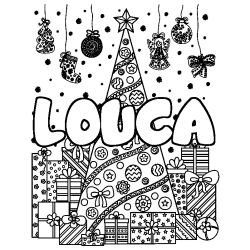 Coloring page first name LOUCA - Christmas tree and presents background