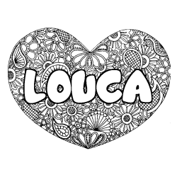 Coloring page first name LOUCA - Heart mandala background