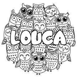 Coloring page first name LOUCA - Owls background