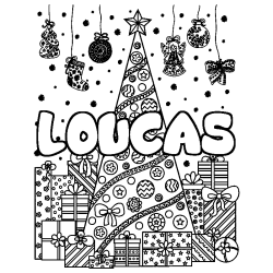 Coloring page first name LOUCAS - Christmas tree and presents background