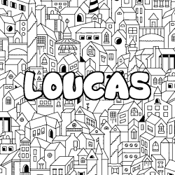 Coloring page first name LOUCAS - City background
