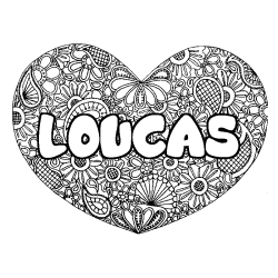 Coloring page first name LOUCAS - Heart mandala background