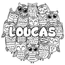 Coloring page first name LOUCAS - Owls background